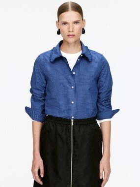 Arket Blue Gingham Cropped Ruffle Collar Button Down